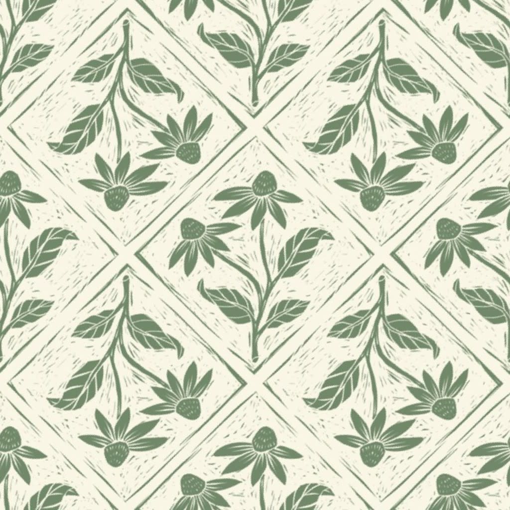 block print wildflowers_seaweed green_Large Fabric by moniquebeaudincollections