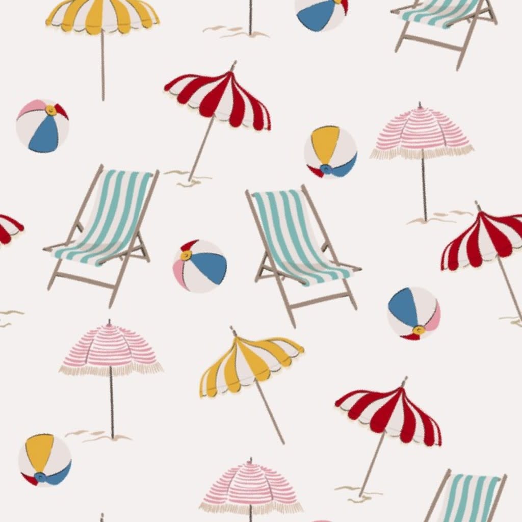 A whimsical beach scene with beach balls, beach chairs, and striped umbrellas