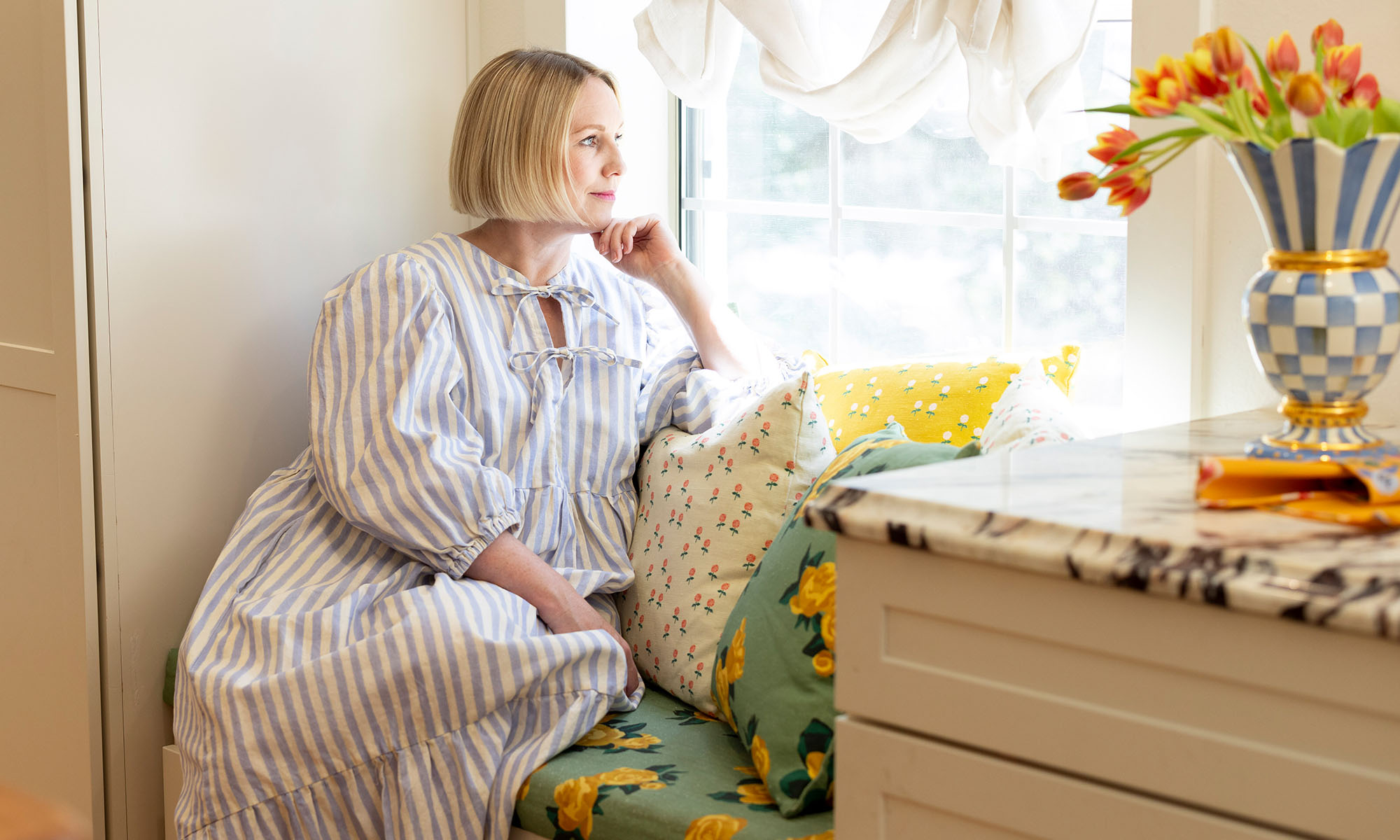 Brittany Jepsen in a dress made of Spoonflower fabric.