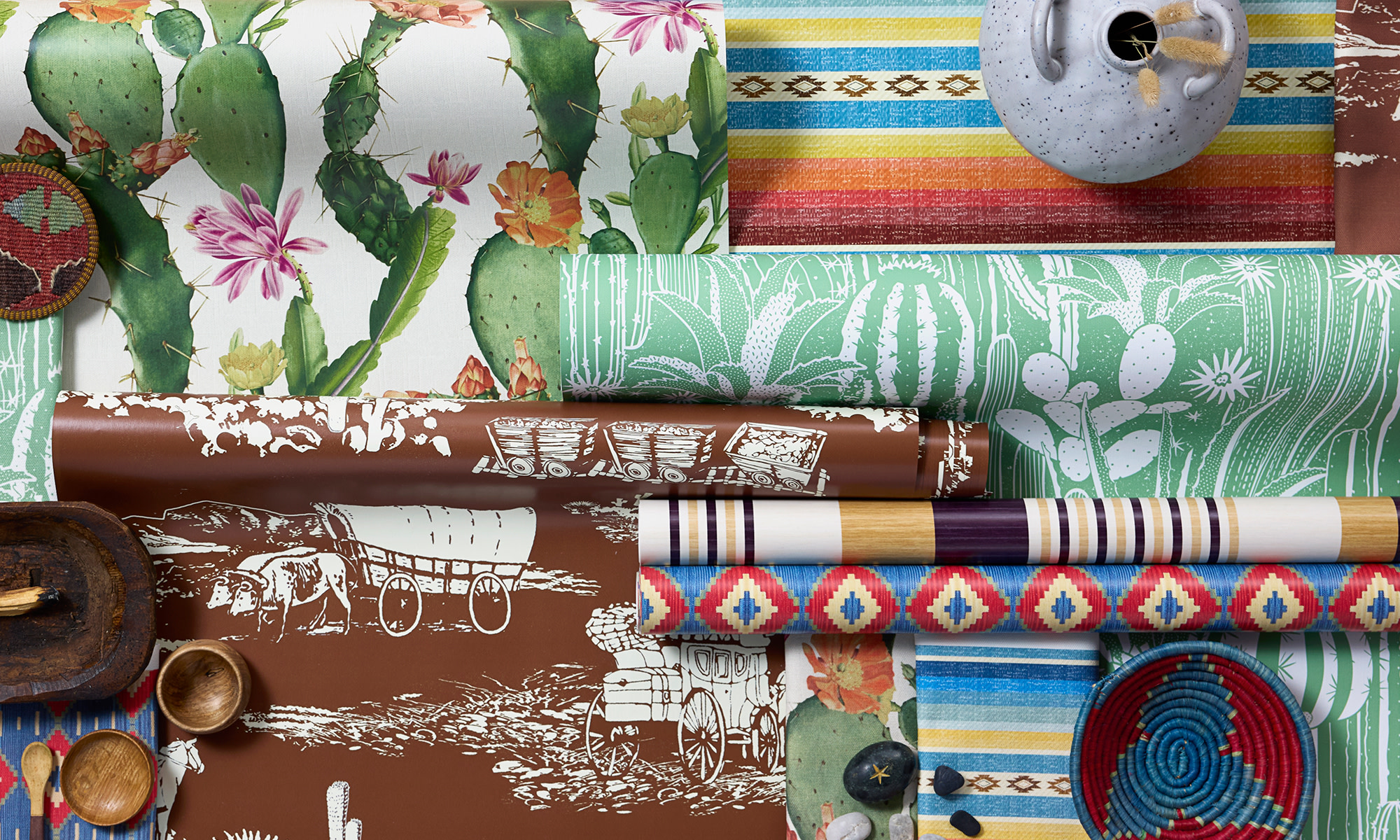 Rolls of western style wallpaper.